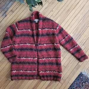 Vtg 90s Casual Corner Red and Black Stripe Fuzzy Wool Cardigan